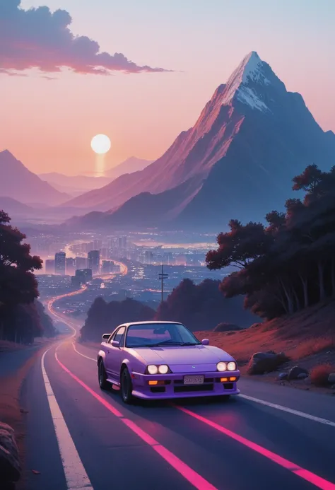 retrowave. City, 1969 Nissan S30, wide body kit, Road, PURPLE NEON MONITOR LIGHT, Sun, Mountain, (Masterpiece, Detailed, A high resolution),