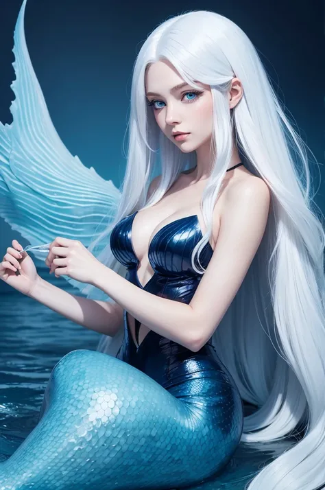 comic style, a mermaid with long white hair, blue eyes and its tail is navy blue.