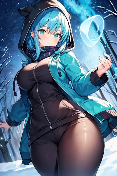 1girl, blue hair, medium hair, large breasts, breasts, green eyes, scarf, covered mouth, jacket, forest, snow, black jacket, hoddie, hooded jacket, hood on, hood up, zipper, gloves, glowing hair, glowing eyes, light blue hair, sky blue hair, night sky, sky...