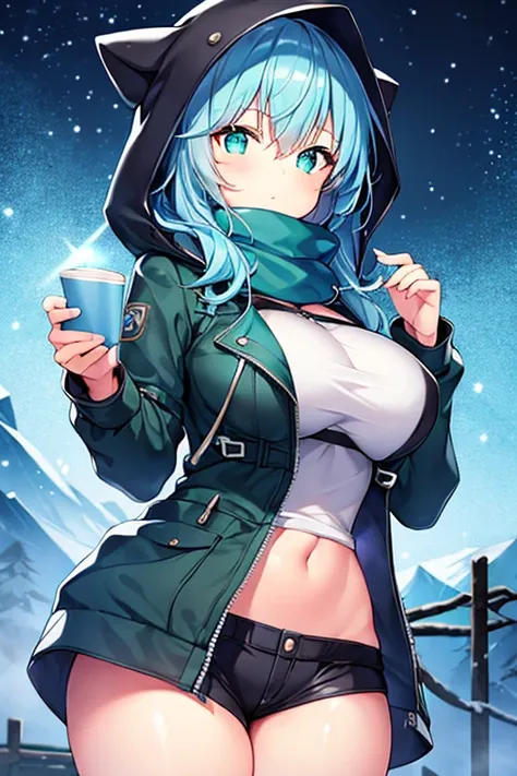 1girl, blue hair, medium hair, large breasts, breasts, green eyes, scarf, covered mouth, jacket, forest, snow, black jacket, hoddie, hooded jacket, hood on, hood up, zipper, gloves, glowing hair, glowing eyes, light blue hair, sky blue hair, night sky, sky...