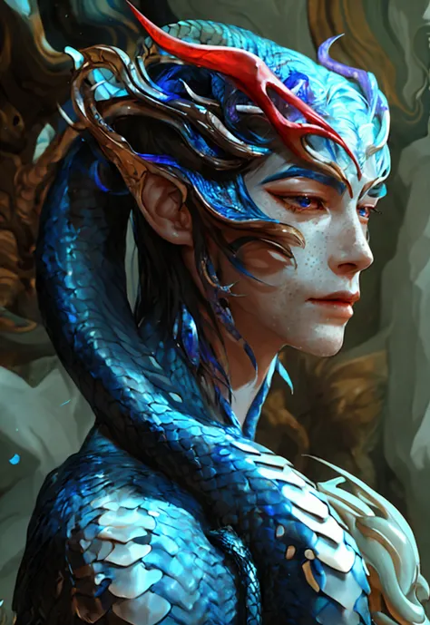 A male naga with Androgynous, delicate facial features that blend masculine Pale, porcelain-like skin with a soft, flawless complexion that radiates an almost ethereal quality Long, flowing hair that cascades around the face and shoulders, the color a rich...