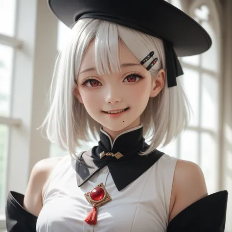 komori,idolcloth,masterpiece,best quality,white hair, red eyes,white shirt,(black formal hat),(hairclip:1.3),(small mouth mole:1.3),smile,highres,4k,black detached sleeves, upper body,