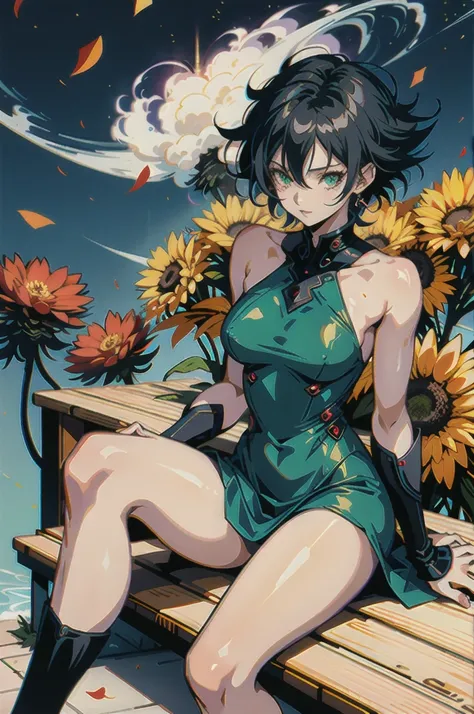 fubuki + Goku girl with black short hair, fiery red tips, shiny, smooth and silky, eye-catching green eyes and elegant short dress in gold green colors with ha ha ha print sitting facing forward on a bench with a galaxy in the background falling black peta...