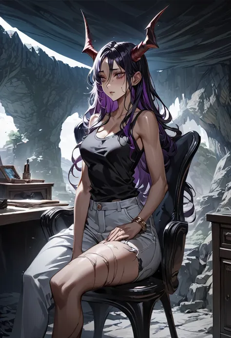 (lover), woman, cave, One girl, alone, Delicate body, The body is slim, far, , bracelet, Multicolored Hair, Long Hair, horn, dragon horn, Anime Style, high quality, 最high quality, skin peeling, Sitting, Sitting in a chair, In the room, Crossing your legs, ...