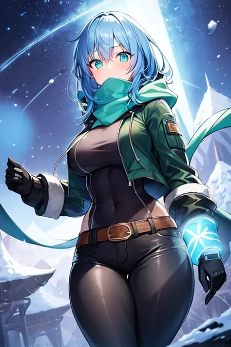 1girl, blue hair, medium hair, large breasts, breasts, green eyes, scarf, covered mouth, jacket, forest, snow, black jacket, hoddie, hooded jacket, hood on, hood up, zipper, gloves, glowing hair, glowing eyes, light blue hair, sky blue hair, night sky, sky...