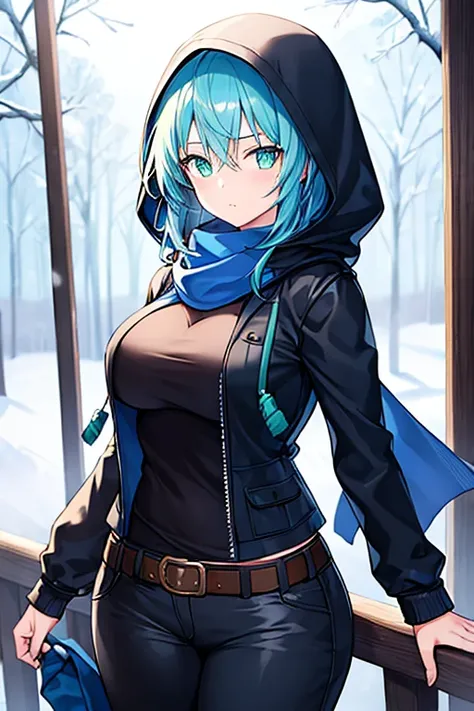 1girl, blue hair, medium hair, large breasts, breasts, green eyes, scarf, covered mouth, jacket, forest, snow, black jacket, hoddie, hooded jacket, hood on, hood up, zipper, gloves, glowing hair, glowing eyes, light blue hair, sky blue hair, night sky, sky...