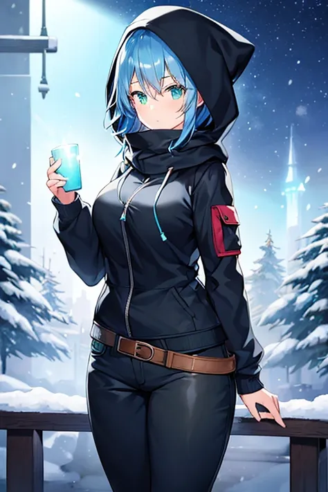 1girl, blue hair, medium hair, large breasts, breasts, green eyes, scarf, covered mouth, jacket, forest, snow, black jacket, hoddie, hooded jacket, hood on, hood up, zipper, gloves, glowing hair, glowing eyes, light blue hair, sky blue hair, night sky, sky...