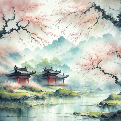 ancient style illustration chinese watercolor landscape painting watercolor river peach blossom spring chinese landscape bare tr...