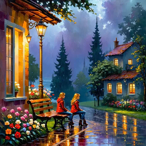 picture of a girl with flowers, sitting on a bench in the rain, near the house, in the evening, by pablo munoz gomez, rainy even...