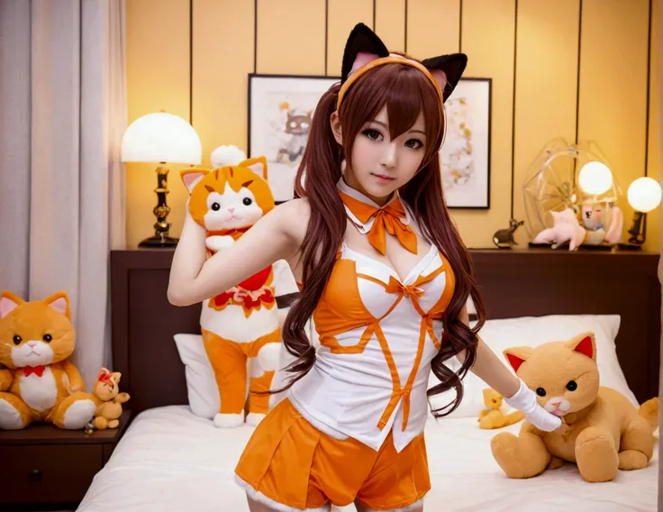 Xiaorou SeeU, age 20, in a adorable sexy cat girl cosplay, dancing and looking totally cute. Bedroom with stuffed animals
