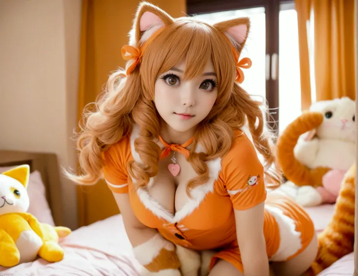 Xiaorou SeeU, age 20, in a adorable sexy cat girl cosplay, dancing and looking totally cute. Bedroom with stuffed animals
