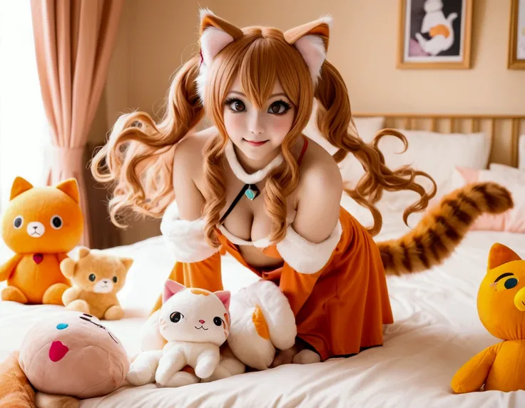 Xiaorou SeeU, age 20, in a adorable sexy cat girl cosplay, dancing and looking totally cute. Bedroom with stuffed animals
