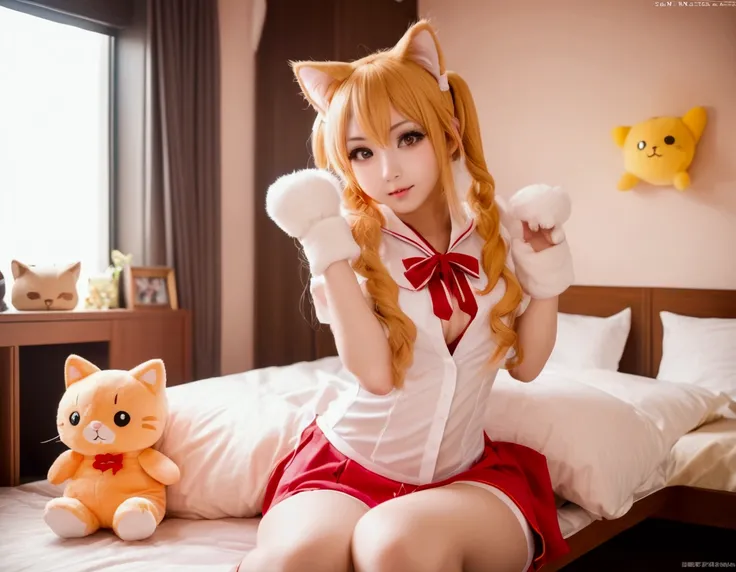 Xiaorou SeeU, age 20, in a adorable sexy cat girl cosplay, dancing and looking totally cute. Bedroom with stuffed animals
