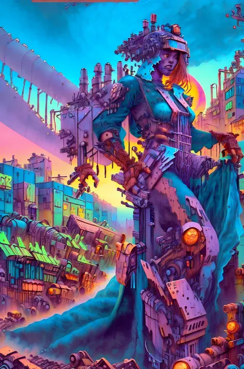 long shot: 1.3, masterpiece, ((industrial city scene with sky with sunset: 1.5)),(( machinery, metal: 1.5)), very beautiful Digital art, Digital art. very detailed and very detailed magical fantasy, colorful digital fantasy art, highly detailed Digital art...