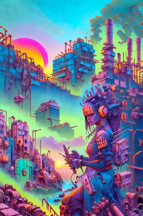 long shot: 1.3, masterpiece, ((industrial city scene with sky with sunset: 1.5)),(( machinery, metal: 1.5)), very beautiful Digital art, Digital art. very detailed and very detailed magical fantasy, colorful digital fantasy art, highly detailed Digital art...