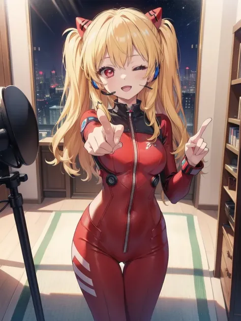 (Overhead view),dynamic angle,ultra-detailed, illustration, close-up, straight on, 1girl, 
 ((souryuu asuka langley, interface headset, red bodysuit:1.4, blonde)),Her eyes shone like dreamy stars,(glowing eyes:1.233),(beautiful and detailed eyes:1.1),(expr...