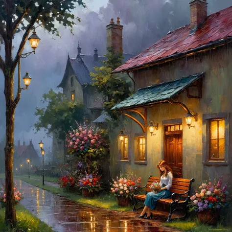 picture of a girl with flowers, sitting on a bench in the rain, near the house, in the evening, by pablo munoz gomez, rainy even...