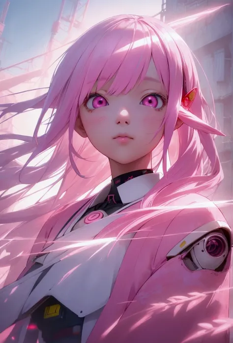 10-year-old japan elementary school student、 8k portrait, pink pastel hair、pink eyes、cute pink outfit, old futuristic city and t...