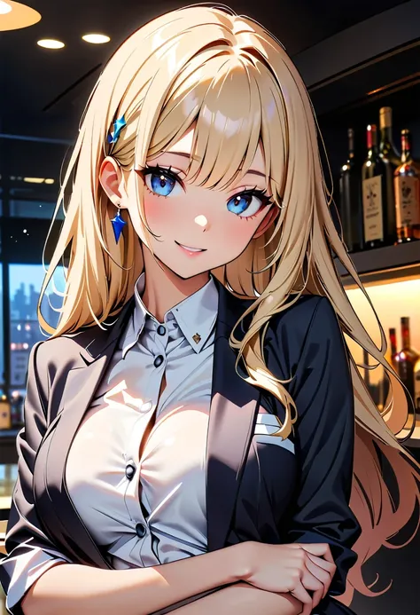 (high quality, 8k, 4k, high contrast, masterpiece:1.2, 最high quality, better aesthetics), ((1 female)), bar, liquor bottle, bartender,  Beautiful and detailed eyes and face., An exquisitely crafted hair ornament., real skin glitter, pretty girl, business d...