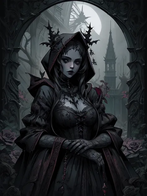 a woman with a hood and roses in her hair, dark fantasy style art, in style of dark fantasy art, gothic fantasy art, dark fantasy art, dark fantasy art, gothic maiden, she is the queen of black roses, dark fantasy mixed with realism, dark fantasy style, go...