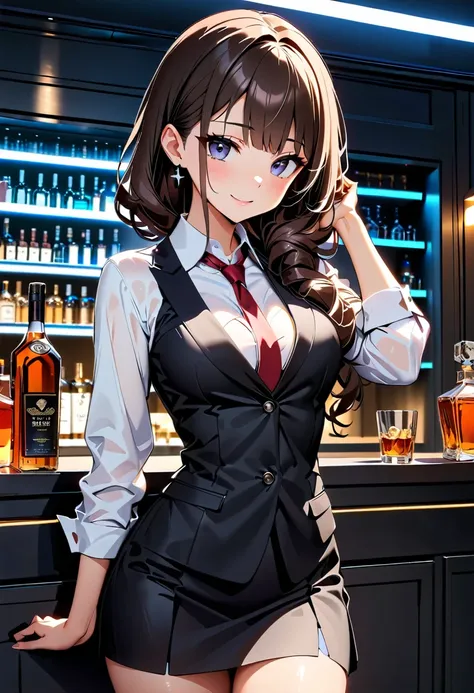 (high quality, 8k, 4k, high contrast, masterpiece:1.2, 最high quality, better aesthetics), ((1 female)), bar, liquor bottle, bartender,  Beautiful and detailed eyes and face., An exquisitely crafted hair ornament., real skin glitter, pretty girl, business d...