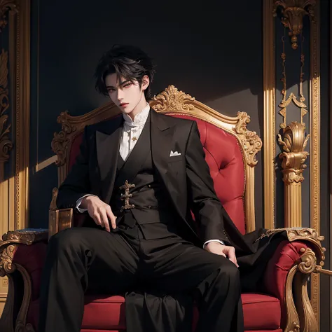 black hair, there is a man sitting on a throne cross legs in a castle, sakimichan, cai xukun, inspired by Zhang Han, handsome anime pose, sakimichan frank franzzeta, delicate androgynous prince, beautiful androgynous prince, inspired by Yanjun Cheng, anime...