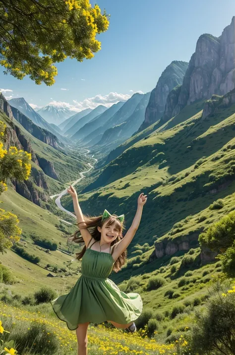 In the background, a beautiful green valley full of flowers with some trees to the right and to the left some mountains that can be seen about 30 kilometers away in the middle of everything generates a girl with pointed cat ears smiling, long hair, a yello...