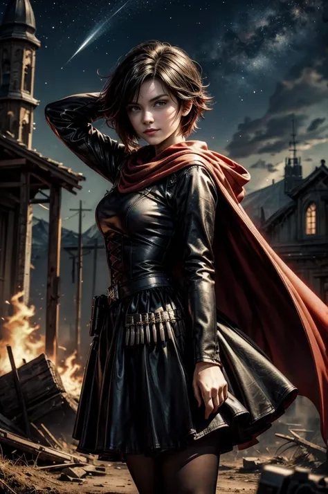 (masterpiece, best quality:1.2), cowboy shot, solo, dynamic pose, 1girl, ruby rose, grin, looking at viewer, arms behind back, black dress, long sleeves, red cape, pantyhose, standing, in deserted, church, bonfires, debris, dusty old furniture, crowd with ...