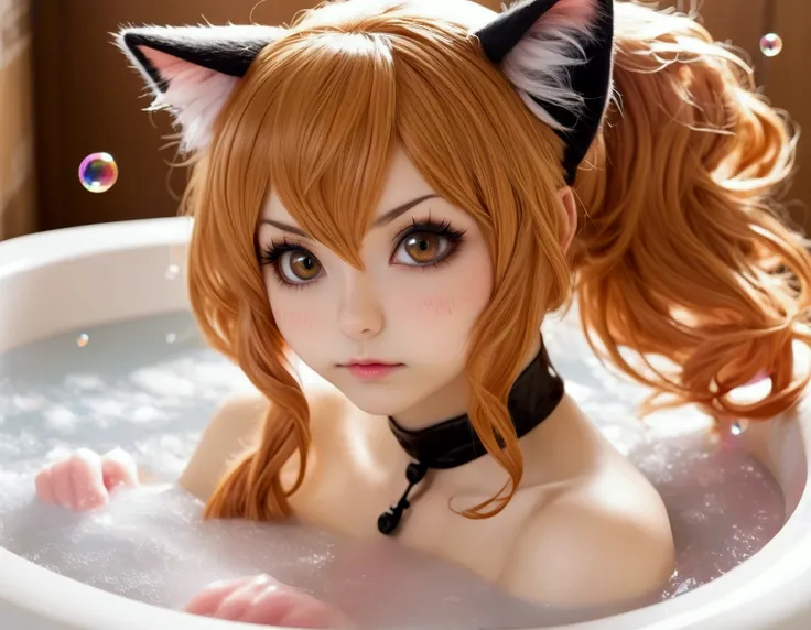 Xiaorou SeeU, age 20, in a adorable sexy cat girl cosplay, acting surly and intimidating, she does not want to take a bath, bathroom with bubble bath in tub
