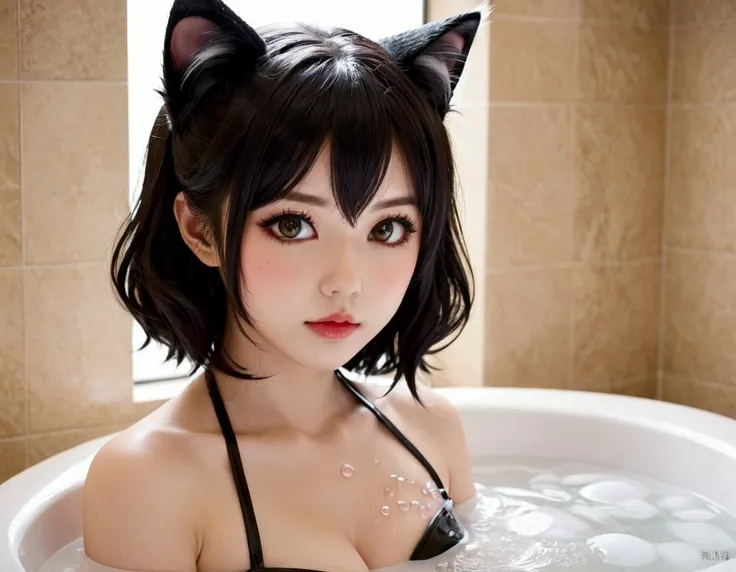 Xiaorou SeeU, age 20, in a adorable sexy cat girl cosplay, acting surly and intimidating, she does not want to take a bath, bathroom with bubble bath in tub
