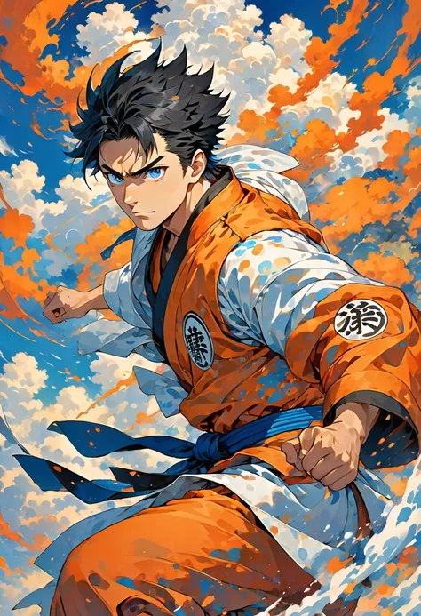 Vibrant, high-definition anime-style illustration featuring a male character with spiky black hair, standing against a backdrop of a bright blue sky with scattered white clouds. The character has a determined expression, with large, expressive eyes and a s...