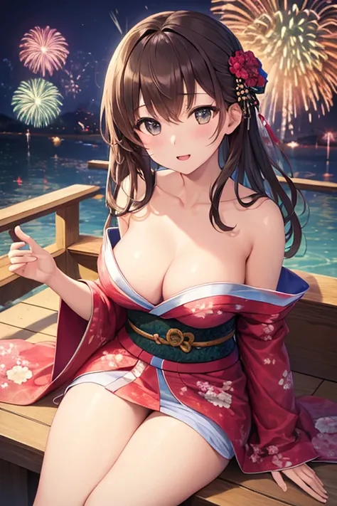 ((Highest quality)), ((masterpiece)), (detailed), One girl, high school girl、kimono、Medium breast、Shoulder Bare、Cleavage、Brown Hair、hair ornaments、firework