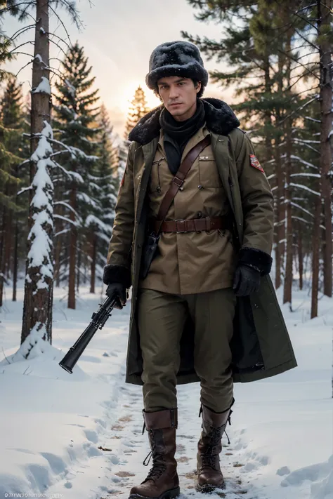 Soviet soldier, wears a hat ushanka, polish face, black hair, gloved hands, brown uniform with dark red details, carries a machine gun, belt with ammunition and transmitter, military boots, It is located in a Polish forest, snowy day, Red Sky , 4k, Ultra d...