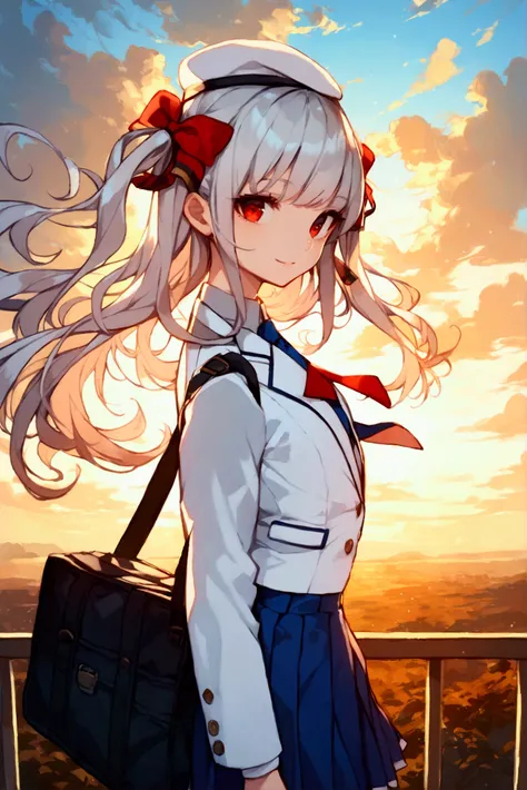 score_9, score_8_up, score_7_up, rating_safe, masterpiece, best quality, very aesthetic, absurdres, 1girl, solo, solo forcus, silver hair, long hair, two side up, bangs, red eyes, (beret, white beret), (hair ribbon, red ribbon), (blazer, white blazer:1.2),...