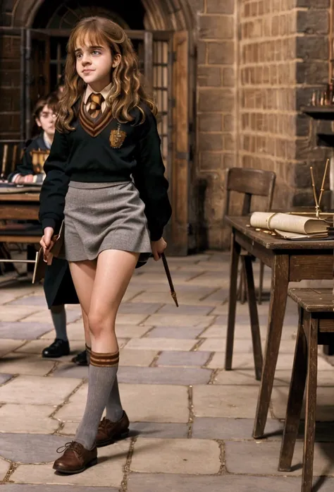 hermoine granger ass hogwarts uniform., mini skirt,  white pantyhose, walking with his books , patio the hogwarts,  bright sunny...