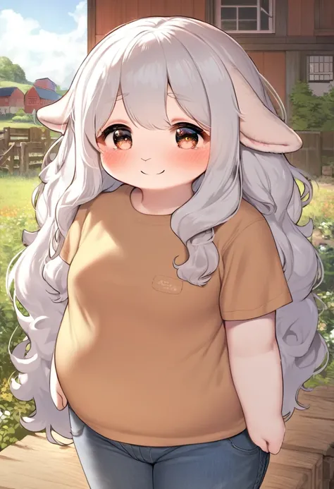 masterpiece、Very detailed、High resolution、8k、Fat face、Sheep man、snub nose, Chubby body type、Huge 、A shy smile、blush、(Fluffy, voluminous, curly long hair:1.3)、White Hair、Kind eyes、Round eyes、T-shirt and jeans、Rural Village、Detailed eyes、Detailed skin、Detail...