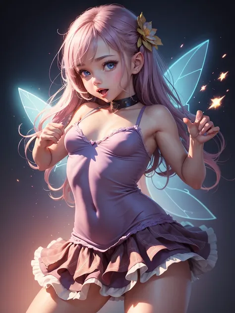 Cute small little teen, very little fairy, showing your charm, showing your body, showing tongue, large tongue, ahegao face, pleasure face, perfect body, skinny, small, dynamic pose, skinny, short clothes. very small, cute face. Produce a visually stunning...