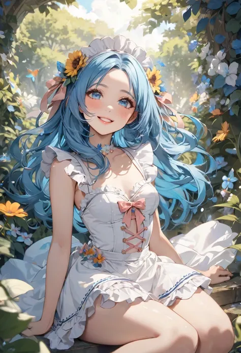 (beautiful style), (solo:2, 15 yo), (beautiful detailed forehead) (beautiful detailed blue hair, long hair) (best cute girl, best cute blue eyes, glossy lip, looking up, best grow smile:1.1, small tits), in a immensely beautiful summer maid dress, break, i...