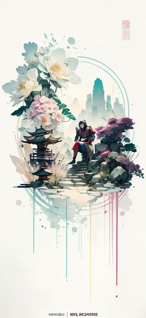 (Art by Numbers,Inks and washes:1.2)，Nobody, Mountain々, wood, Rivers，Flowers，Lotus flower，Purple Flower,沢Mountainの花(Oriental elements, Chinese colors, Senior Color Matching),  (3D sculpture，Rendering with Octane，Volumetric Light，Natural soft light，), (Very...