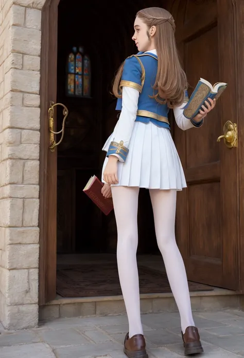 Hermoine Granger ass Hogwarts uniform., mini skirt,  white pantyhose, walking with his books , patio the Hogwarts,  bright sunny day 