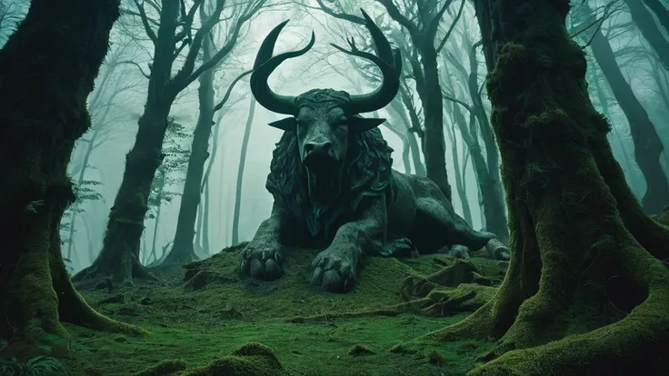 In the heart of a dark medieval forest, a weathered bull statue or sigil stands amid the ancient, towering trees. The statue, carved from dark, moss-covered stone, exudes a sense of timeless strength and mystery. Moonlight filters through the dense canopy ...