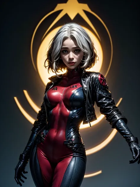 Emilia Clarke、masterpiece、High quality 4K、villain (X-Men)、Gothic Girl、Sculpted Body Gothic Makeup、Black jacket、Red and blue bodysuit、masterpiece、Highest quality、Cowboy Shots、One personの女の子、One person、Technology Military Bodysuit、fringe