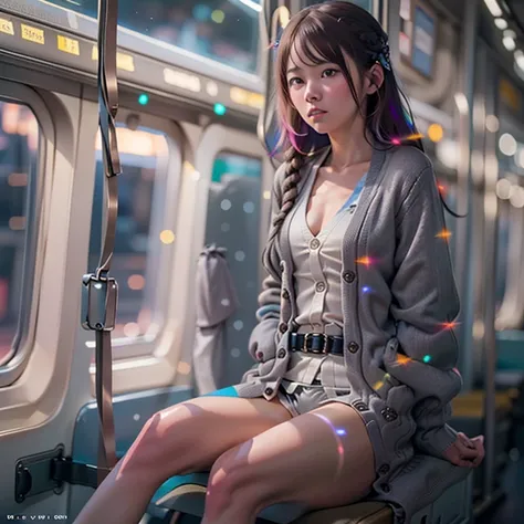 (((Misako Renbutsu)))Beautiful Young Female with ((Twin Braids) covering Bust) (Flashing Crotch) on ((Dusk Train)), (extremely delicate and beautiful) Detailed Closing Texture, Professional portrait of SemiNude photography, (((Unbuttoned cardigan with belt...