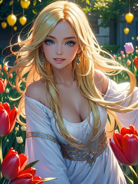 (Best quality,ultra detailed,photorealistic:1.37),Bright and rich colors,studio lighting,playful facial expression,stylish makeup,Long blonde hair fluttering in the wind,inviting eyes,glossy lips,sexy pose, Tulips, I smile confidently and seductively,posin...