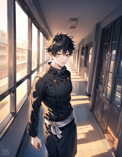 (absurdres, highres, ultra detailed, HDR) master piece, best quality, delicated features, Dan Heng, black hair, heterochromia , right eye red, left eye yellow, Jujutsu Kaisen, solo, sexy man, handsome, black Jujutsu uniform, school, hallway, window