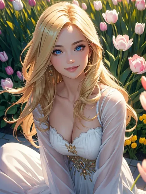 (Best quality,ultra detailed,photorealistic:1.37),Bright and rich colors,studio lighting,playful facial expression,stylish makeup,Long blonde hair fluttering in the wind,inviting eyes,glossy lips,sexy pose, Tulips, I smile confidently and seductively,posin...