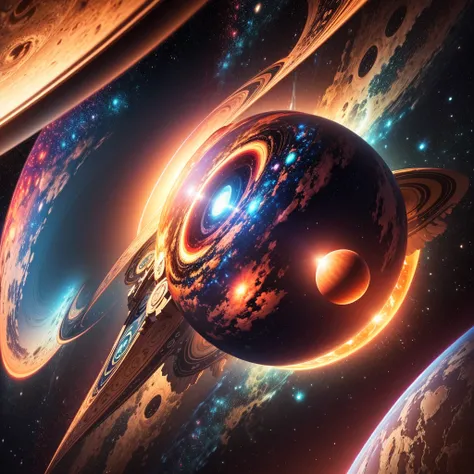 (best qualityer) extremely detailed 8K illustration, high color, extremely high color saturation, all the colors deepened, realist art, extremely detailed, 1 giant Saturn planet with rings, 1 flying eagle holding the planet with its claws, a galaxy composi...