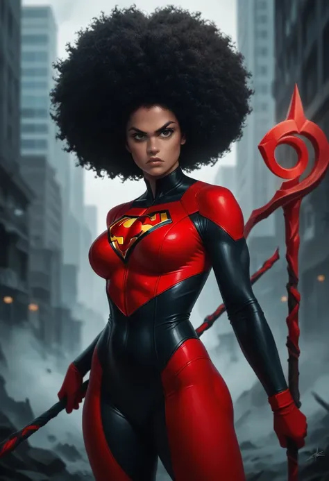 Animated, action, black girl, large dark red afro, eye covering, red superhero suit, curvy body, holding bo staff, serious