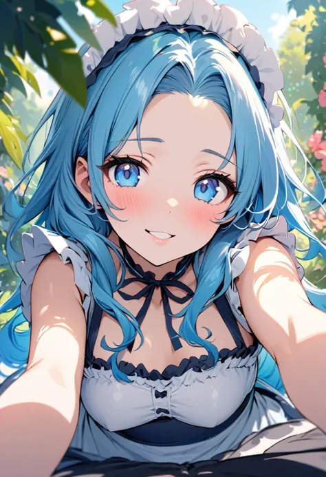 (beautiful style), (pov, solo:2, 15 yo), (beautiful detailed forehead) (beautiful detailed blue hair, long hair) (best cute girl, best cute blue eyes, glossy lip, best grow smile:1.1, small tits), in a immensely beautiful summer maid dress, break, in the b...