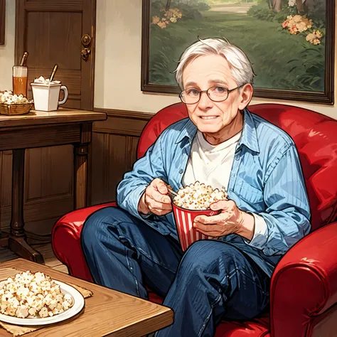 an old man sitting in a square eating popcorn